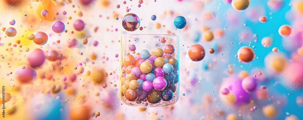 Leinwandbilder A vibrant assortment of colorful spheres floating around a transparent container, creating a lively and dynamic visual effect.
