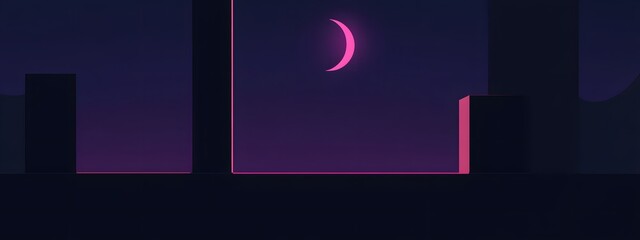 Fototapeta premium A simple, flat vector background of a purple sky at night with a crescent moon and stars