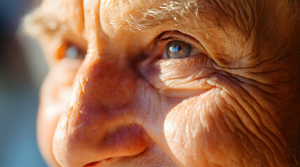Elderly Woman's Eyes:  Close-up of a senior woman's eyes, capturing the depth of experience, wisdom, and resilience. The warm sunlight illuminates her face.