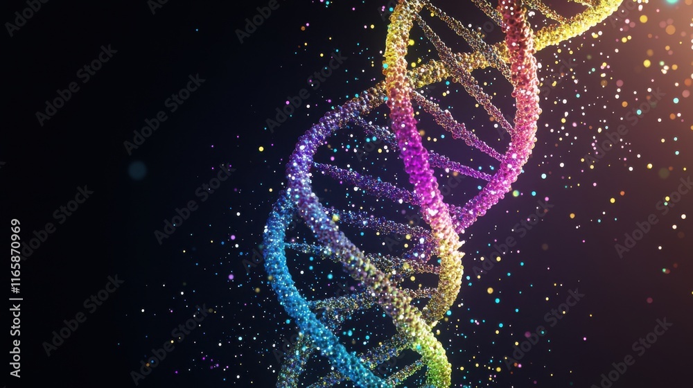 Poster a vibrant, colorful representation of a dna double helix, surrounded by sparkling particles against 