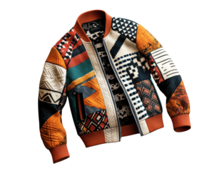 Stylish patterned bomber jacket on a white isolated background.