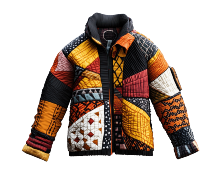 Stylish quilted jacket with a colorful patchwork design, isolated on white background.