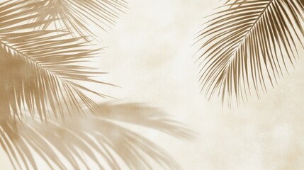 An abstract design featuring the delicate, intricate shadows of palm leaves on a sandy beach with golden tones