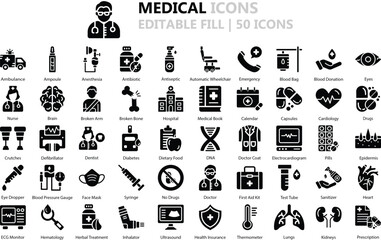 Medical Icon Set: 50 Essential Fill EPS Vector Icons in Black