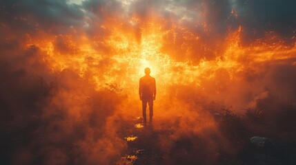 Fototapeta premium Silhouette of a person standing in front of a fiery, smoky sky.