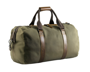 Stylish travel bag with leather straps, perfect for weekend getaways.