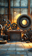 Workers Day Podium, Empty product display podium, industrial floor with large cogs and machinery parts scattered, old factory, ad, podium platform, product presentation space