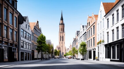 Obraz premium A serene street view featuring a tall church tower and lined buildings.