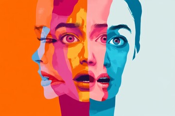 Illustration of a face split into multiple parts, each part showing a different emotion, such as joy, sadness, anger, and surprise, minimal background with copy space
