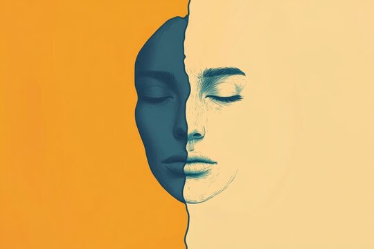 Illustration of a person with a half-smile and half-frown face, divided by a line, symbolizing conflicted emotions, minimal background with copy space, dual state of mind