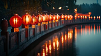 Rows of giant red lanterns lining a bridge, their light reflecting off the water below.