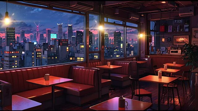 Cyberpunk style coffee shop cafe. Seamless 4K looping timelapse video animation background