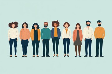 Obraz premium Illustration of diverse professionals, including different genders, ages, and cultures, standing in a line on a solid color background, minimal background with copy space