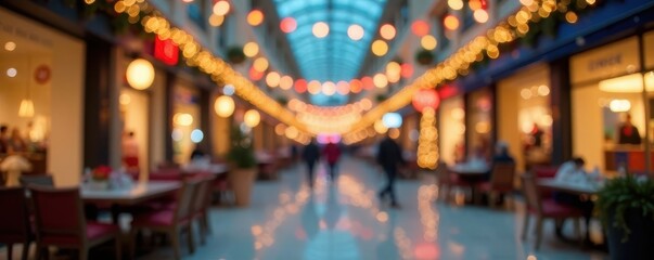 Festive bokeh, blurred mall interior, holiday lights, retail, ambiance, happy