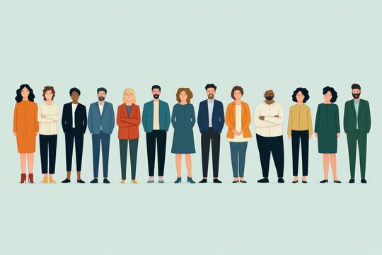 Illustration of diverse professionals, including different genders, ages, and cultures, standing in a line on a solid color background, minimal background with copy space