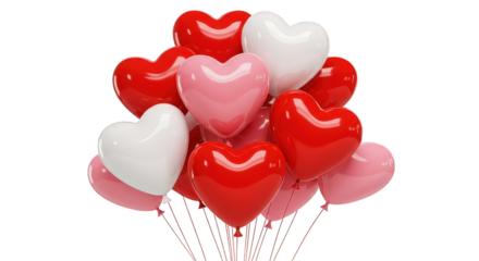 Heart-Shaped Balloons Cluster with Reflective Surfaces in Red, Pink, and White on Transparent Background.