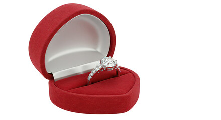 Premium Diamond Engagement Ring in Heart-Shaped Velvet Box Isolated on Clear Background.