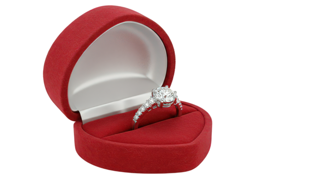 Premium Diamond Engagement Ring in Heart-Shaped Velvet Box Isolated on Clear Background.