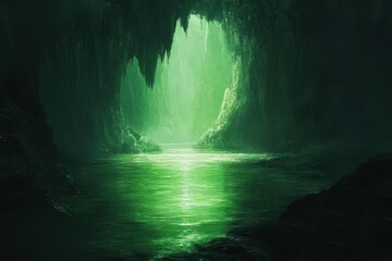 Mysterious green cave with shimmering water and lush reflections during twilight