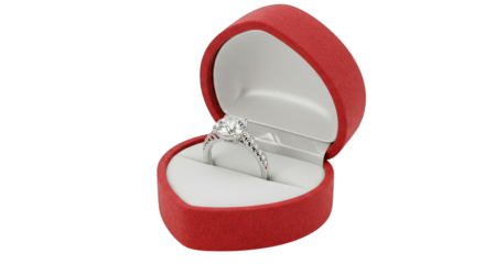 Luxurious Diamond Engagement Ring in Heart-Shaped Velvet Box on Transparent Background.