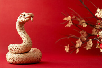 Obraz premium Wooden snake on a red background, chinese new year.