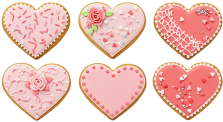 Charming Heart-Shaped Cookies with Pastel Icing and Sprinkles on Transparent Background.