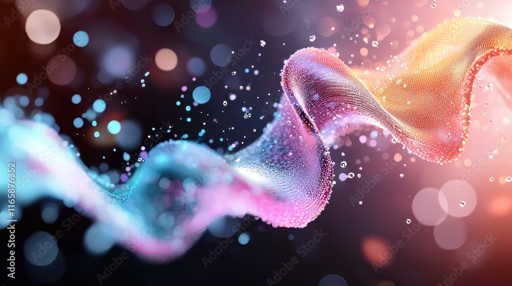 Poster a vibrant wave of colorful particles glides through a dark background, creating a mesmerizing visual