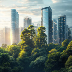 Fototapeta premium Urban skyline rises above lush greenery in a vibrant cityscape at dawn