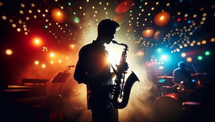 A dynamic, vibrant jazz club scene with abstract, blurred tones, featuring a saxophonist who blends warm and cool tones.