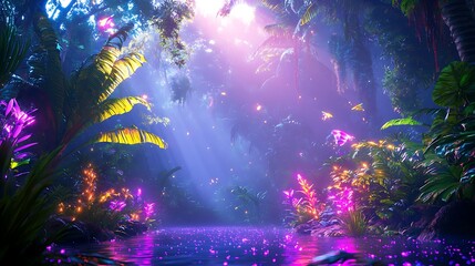 Magical rainforest scene with glowing flowers, fireflies, and a tranquil river.