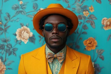 contemporary pop art portrait of a stylish african man wearing a bow tie and sunglasses set against...