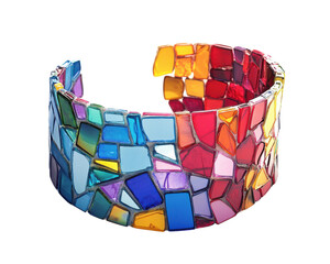 Vibrant mosaic bracelet with colorful glass pieces, isolated on white background.