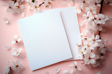 Elegant blank wedding stationery mockup with cherry blossoms, ideal for spring events, invitations, or personalized messages, evoking a serene, fresh atmosphere.