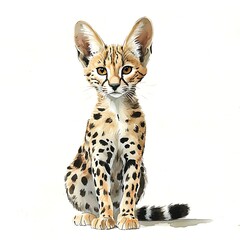 Obraz premium Watercolor painting of an adorable Serval kitten sitting against a white background.