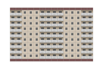 Prefabricated nine-storey panel apartment building, lined with beige tiles is isolated. The house has balconies.
