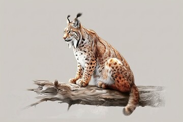 Obraz premium Lynx sitting on a fallen log, realistic forest details, light gray background 