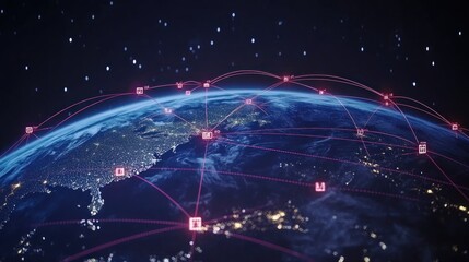 An image of the globe seen from outer space, illuminated by network lines and nodes that depict concepts of data flow