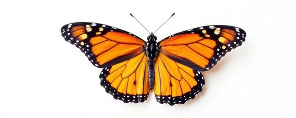 Fototapeta premium Vibrant monarch butterfly, wings spread wide, crisp white background, vibrant, nature, butterfly
