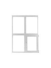 White plastic window with four sashes one of which can be opened is isolated.