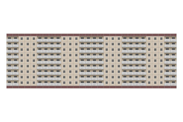 Long prefabricated nine-storey panel apartment building, lined with beige tiles is isolated. The house has balconies.