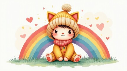 Naklejka premium Joyful hat day celebration with cute cat character cozy rainbow background whimsical art cheerful vibes