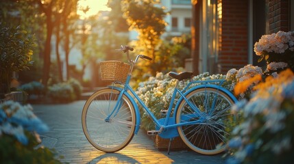 Fototapeta premium Blue bicycle with basket parked in a garden at sunset.