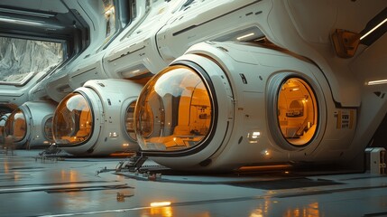 Futuristic spaceship interior with rows of individual sleep pods or medical chambers.
