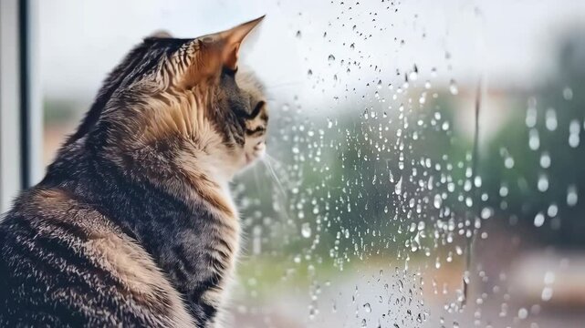 Domestic cat observing falling rain through window