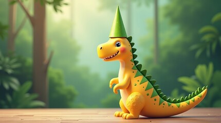 Dinosaur hat day celebration in enchanted forest fun character illustration whimsical environment cheerful concept