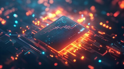 A card floating in mid-air surrounded by glowing data streams, representing financial technology. 