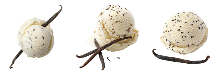 Set of a creamy vanilla ice cream with visible vanilla bean specks isolated on a transparent background