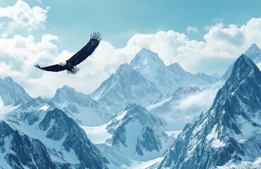 Fototapeta premium Bald eagle flying over Alaskan mountains, with a winter snow-capped mountain range in the background