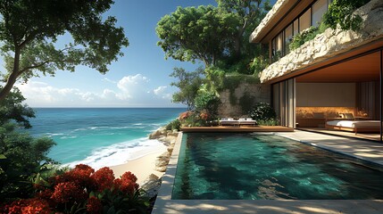 Obraz premium Oceanfront luxury villa with infinity pool, showcasing stunning sea views and lush tropical landscaping.