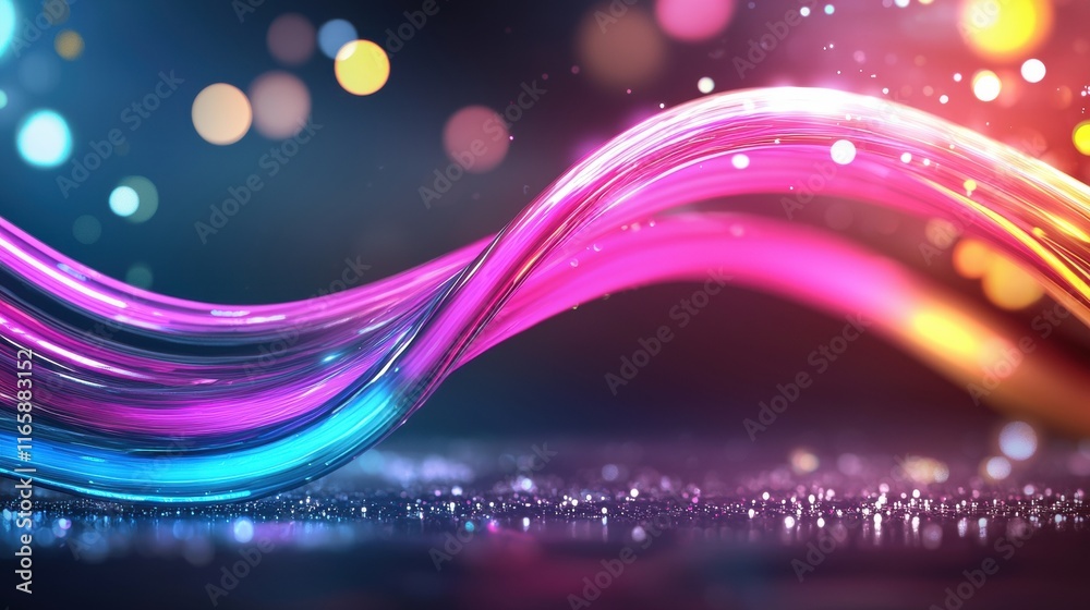 Poster a vibrant wave of colorful light swirls through a dark background, creating a mesmerizing, dynamic e